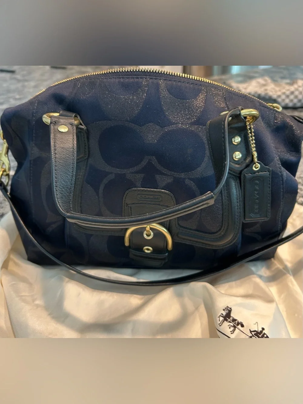 Coach Campbell Signature Metallic Satchel Navy Blue Black F26246